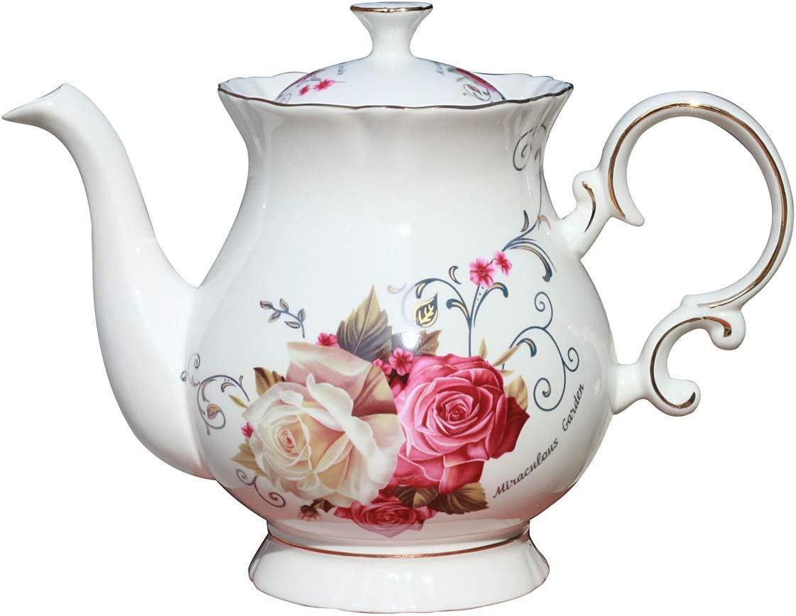 European Style Ceramic Flower Teapot Coffee Pot Water Pot Porcelain Gift Large 5.5 Cups (1, Rose)