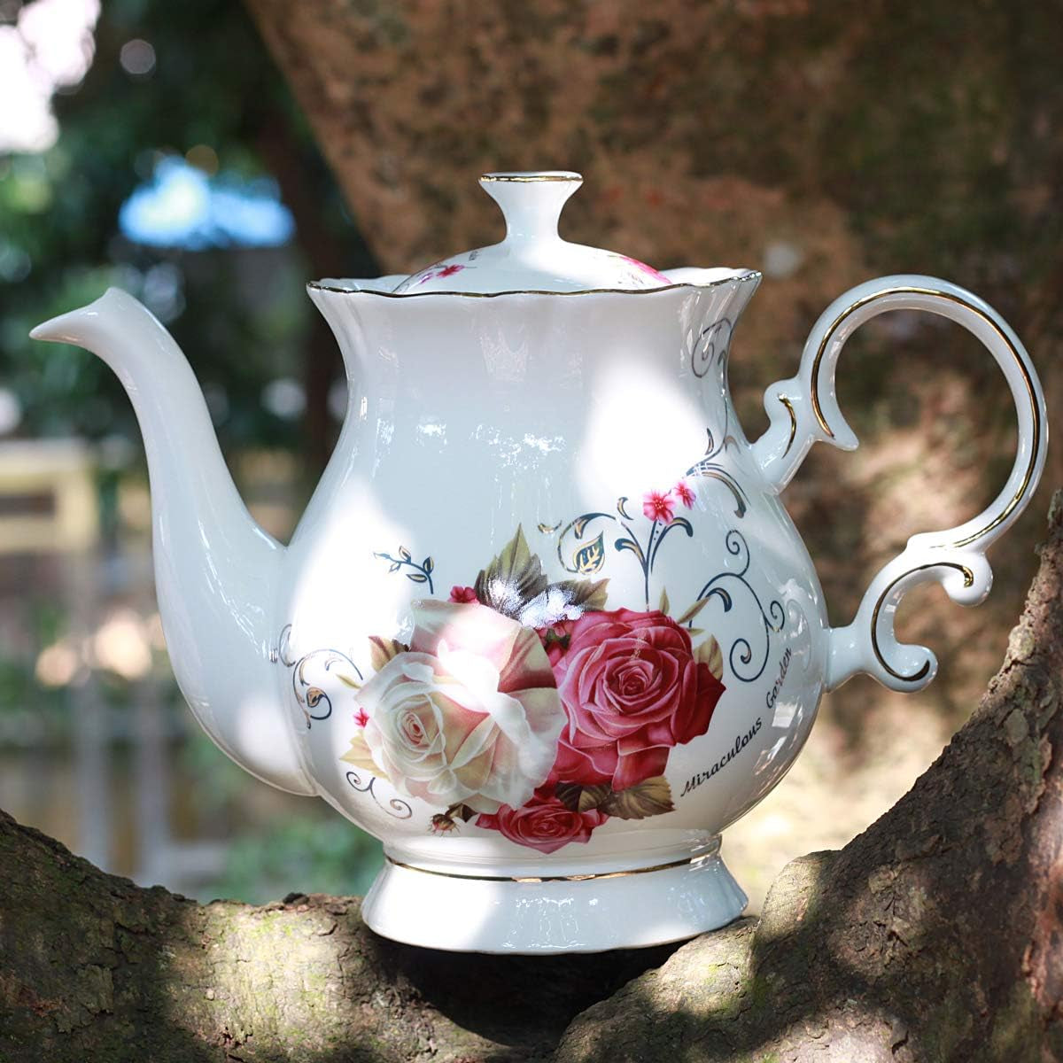 European Style Ceramic Flower Teapot Coffee Pot Water Pot Porcelain Gift Large 5.5 Cups (1, Rose)