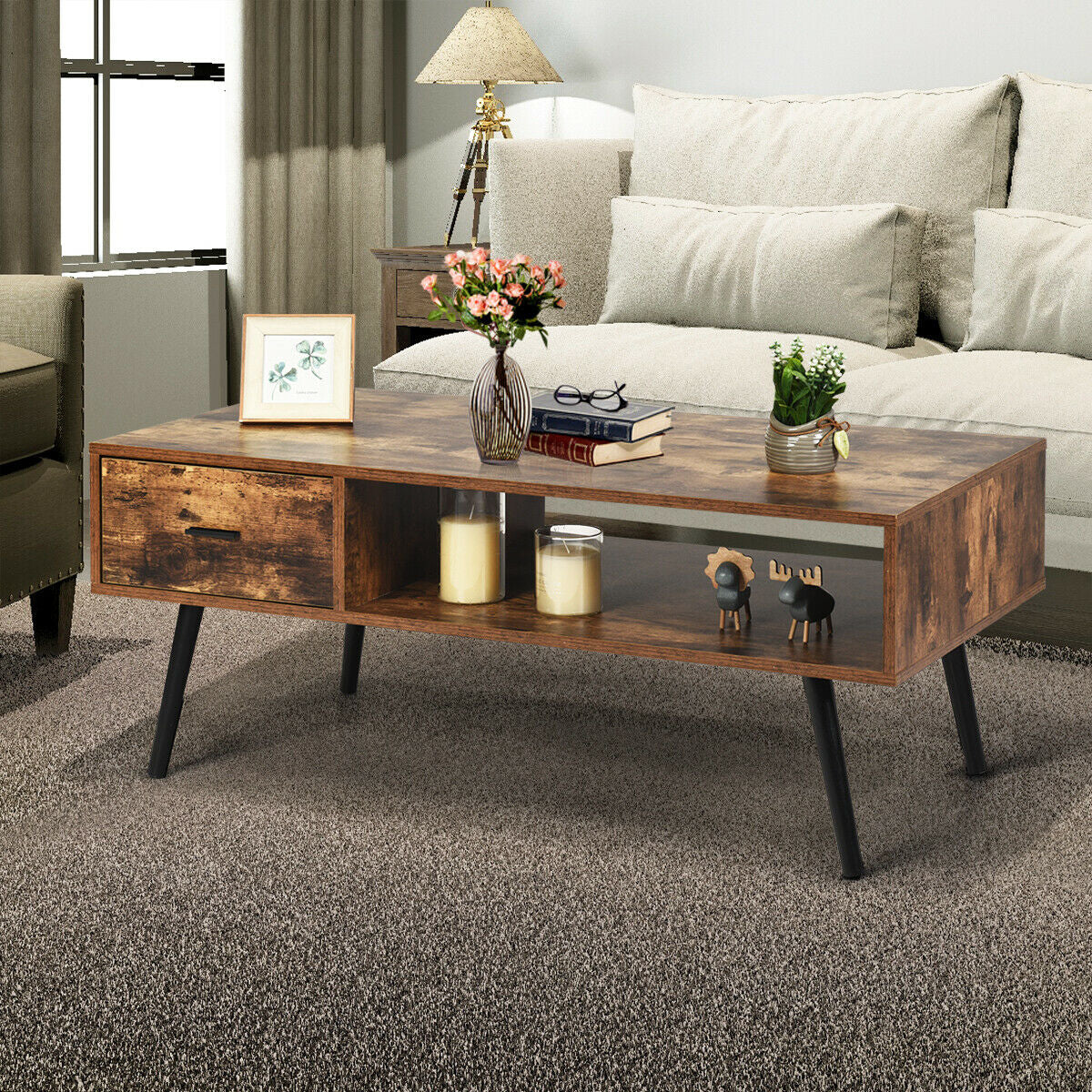 Retro Coffee Table Mid Century Modern Living Room Furniture W/Open Storage Shelf