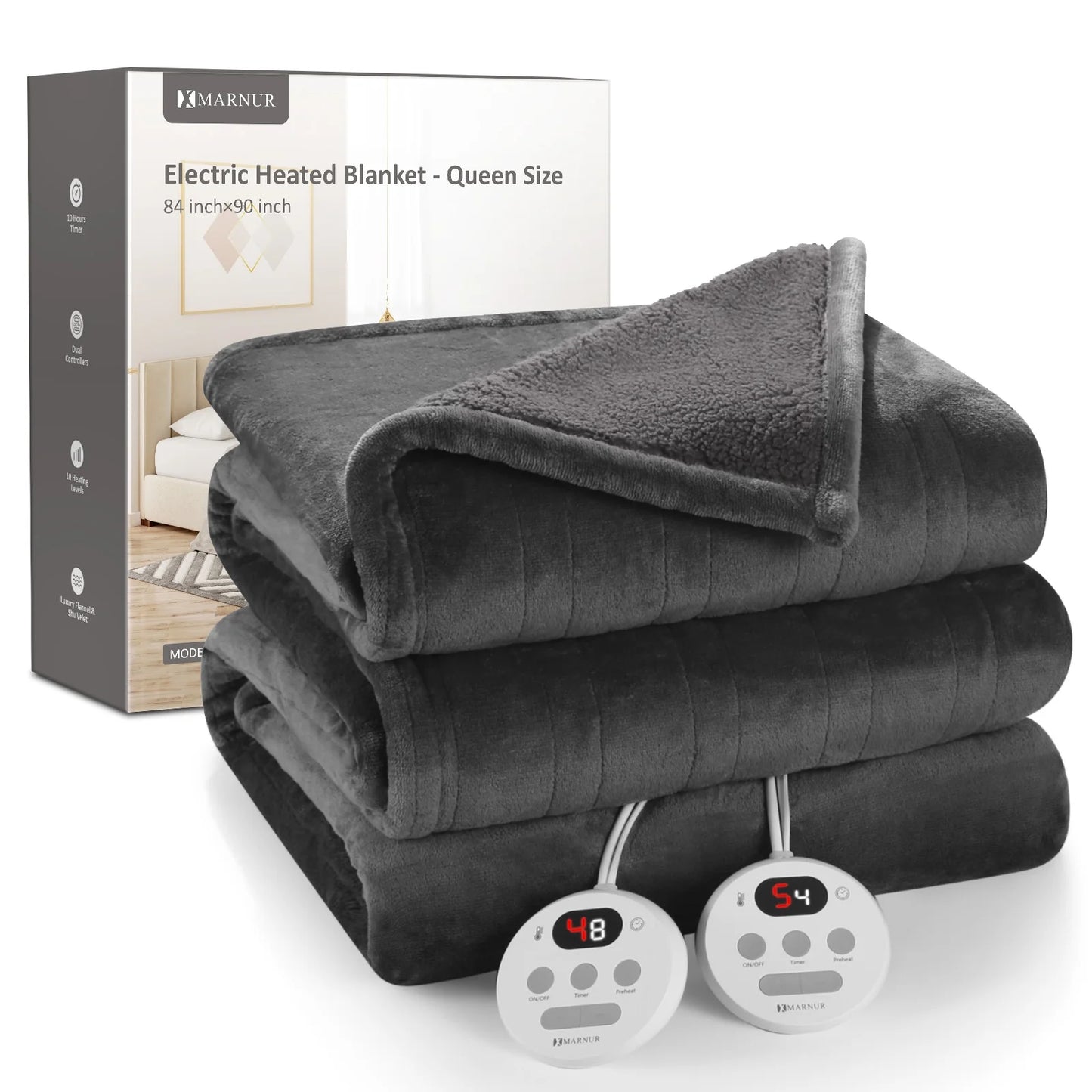 Electric Heated Blanket Queen Size 84''X90'', Fast Heating with Dual Controllers, 10 Heating Levels, 10H Timers, Preheat Function Machine Washable - Gray