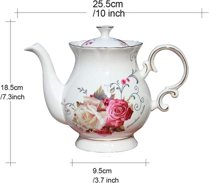 European Style Ceramic Flower Teapot Coffee Pot Water Pot Porcelain Gift Large 5.5 Cups (1, Rose)