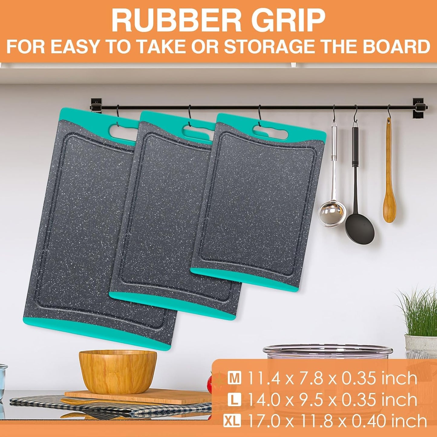 Extra Large Cutting Boards, Plastic Cutting Boards for Kitchen (Set of 3) Cutting Board Set Dishwasher Chopping Board with Juice Grooves Easy-Grip Handles, Turquoise,