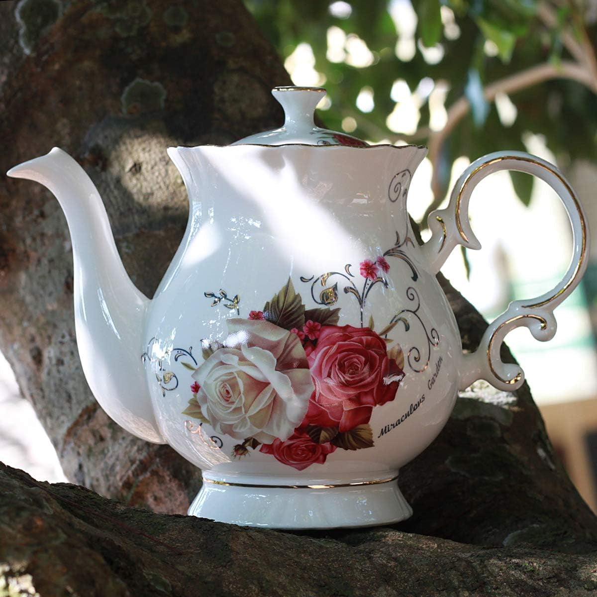 European Style Ceramic Flower Teapot Coffee Pot Water Pot Porcelain Gift Large 5.5 Cups (1, Rose)