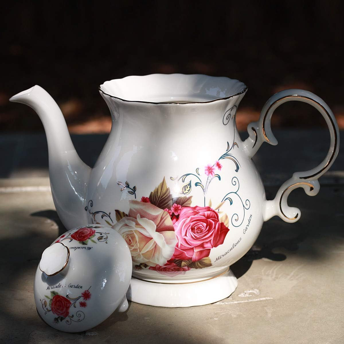 European Style Ceramic Flower Teapot Coffee Pot Water Pot Porcelain Gift Large 5.5 Cups (1, Rose)